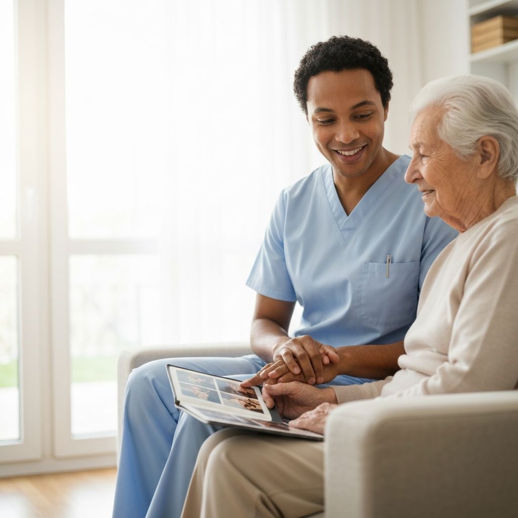 Professional caregiver sharing a warm moment with an elderly client, looking at photos together in a sunlit living room